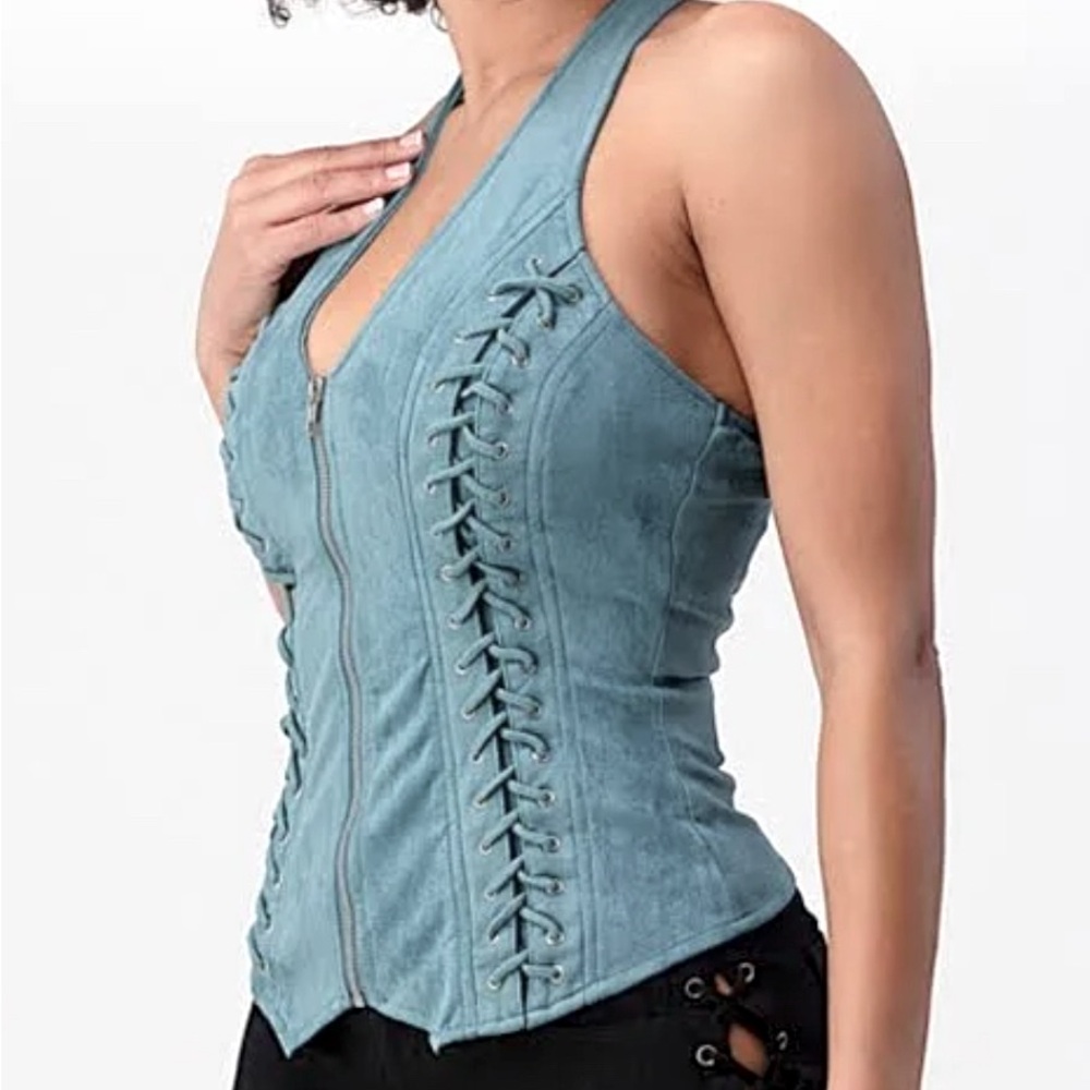 Suede Sleeveless Zipper Top With Halter